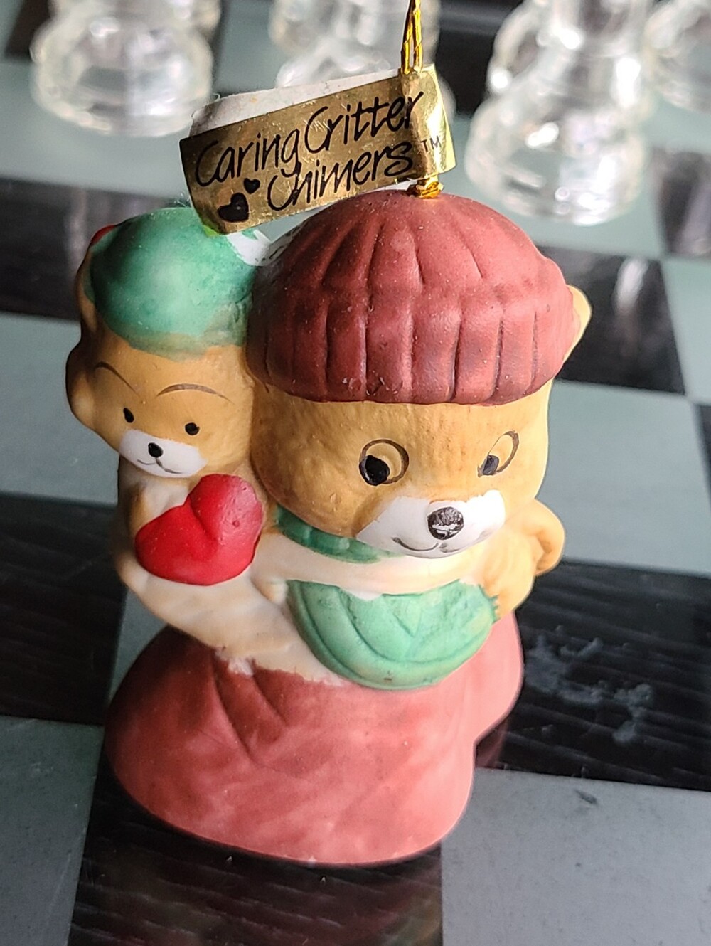 Vintage Jasco Porcelain Bear Ornament in Red, Cream & Tan